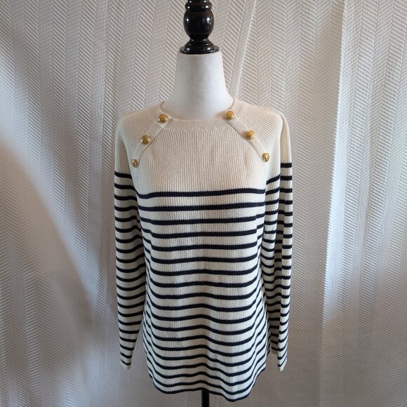 Talbots Pima Cotton Mariner Stripe Sweater XL Petite Nautical Gold Buttons - Picture 1 of 11